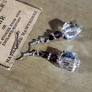 Faceted Czech Crystal Clear Purple Black Silver Cube and Bicone Earrings
